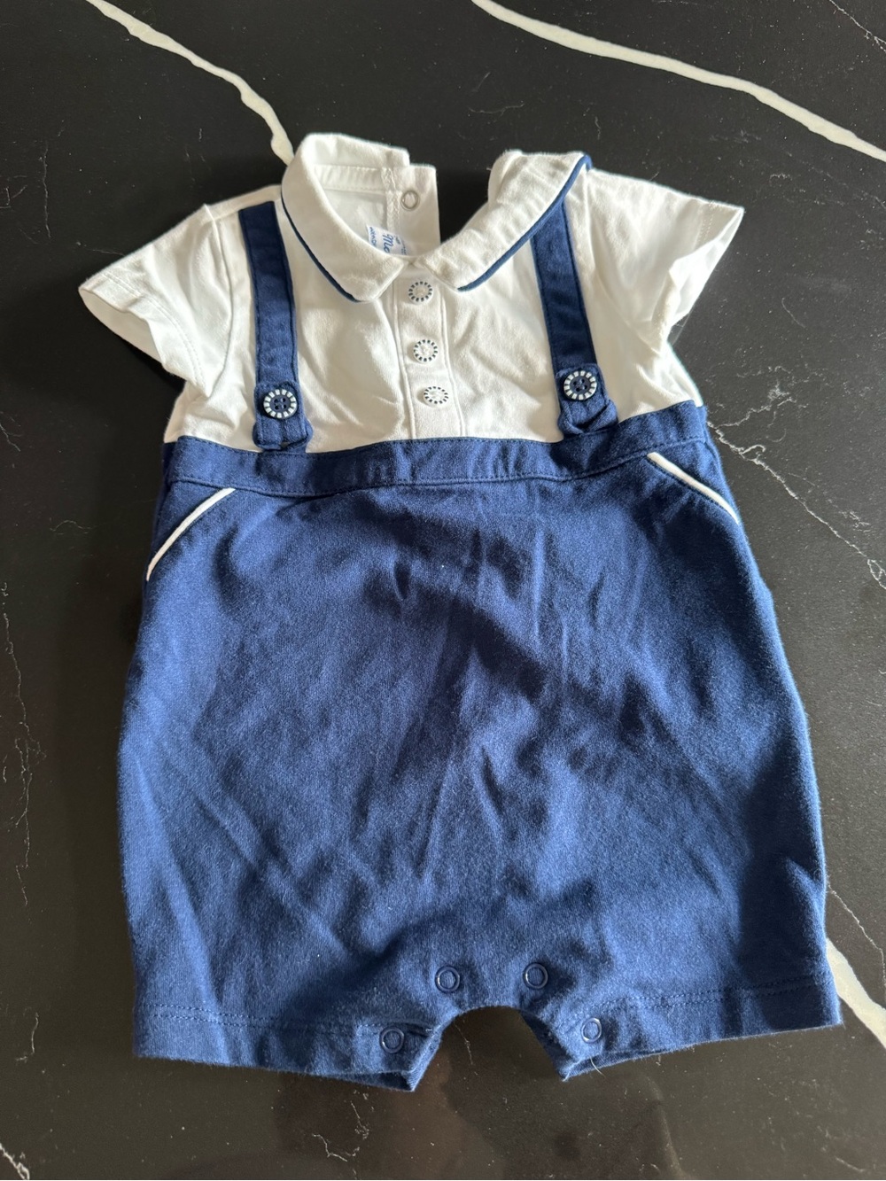 Mayoral Navy and White Suspender‎ Romper